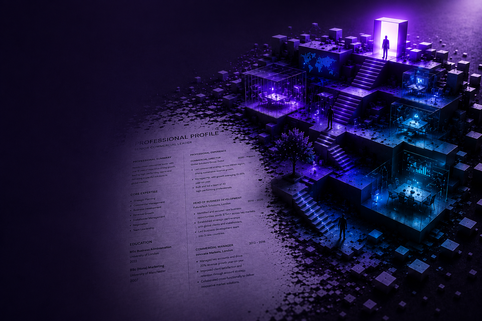 Professional CV transforming into a career pathway, representing career strategy, professional positioning and career progression. Dubai, UAE, KSA, FRANCE, UK, AMERICA, ASIA, FRANCE, ITALY