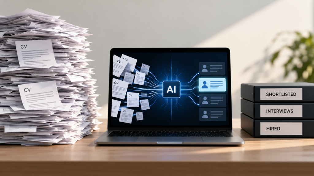 AI in recruitment showing automated CV screening, high application volumes and AI-powered candidate shortlisting.