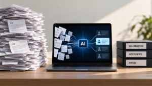 AI in recruitment showing automated CV screening, high application volumes and AI-powered candidate shortlisting.